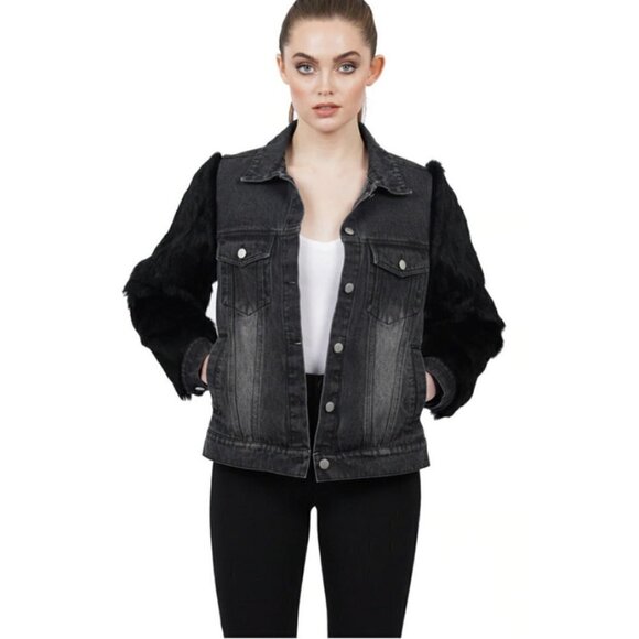 💕LOVE TOKEN💕 Murray Genuine Real Rabbit Fur Sleeve Denim Jacket Coat ~ Black M - Picture 4 of 16